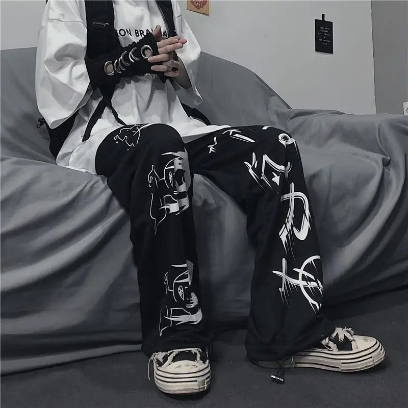 Black Japanese Print Anime Y2K Baggy Sweatpants - Wide-Leg Streetwear