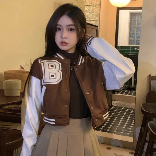 Brown Warm Patchwork Baseball Jacket - Autumn Preppy Crop Top Jackets