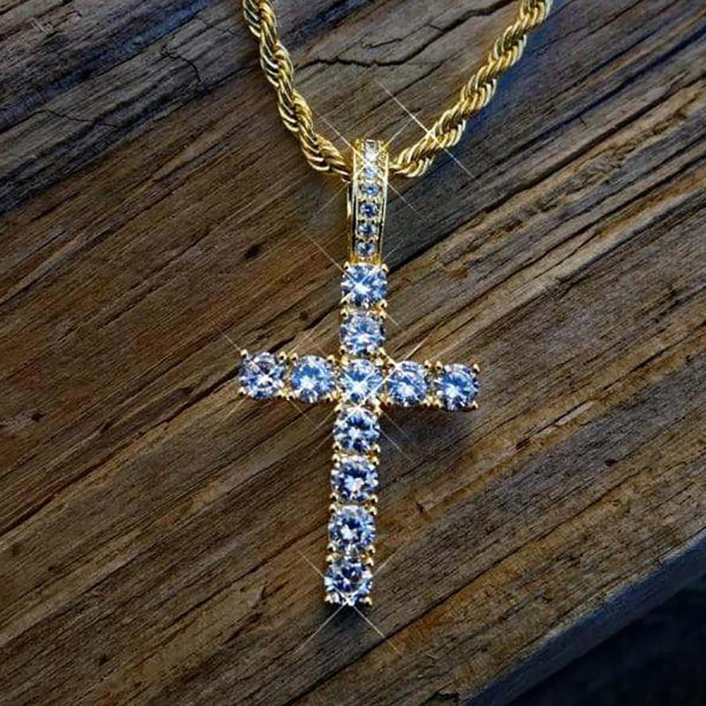 Hip Hop Iced Out Cross Pendant Necklace Tennis Chain Jewelry