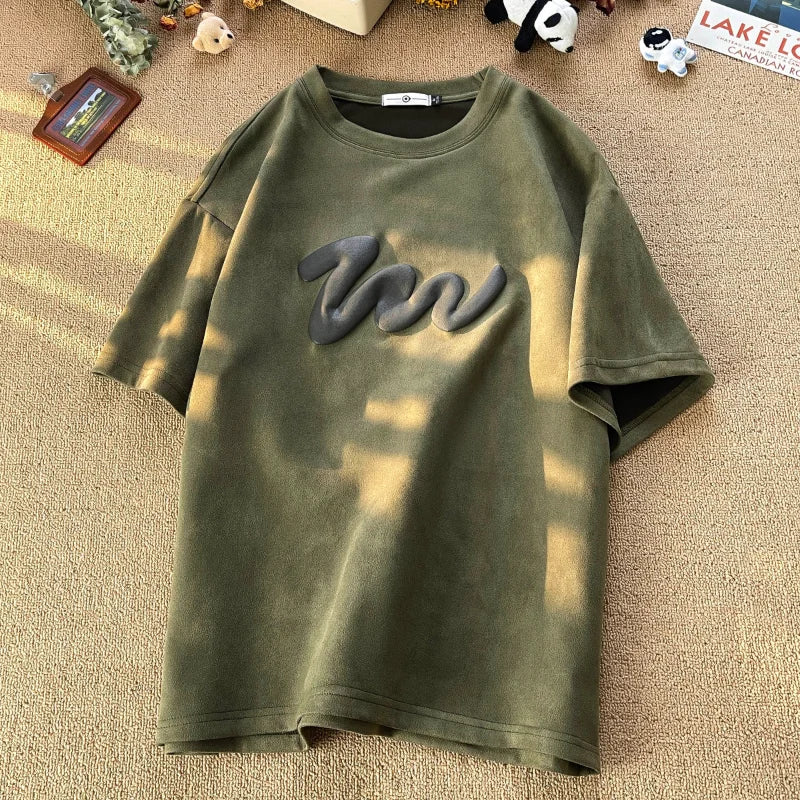 American Foaming Print Harajuku Streetwear Suede Oversized Men's T-Shirt