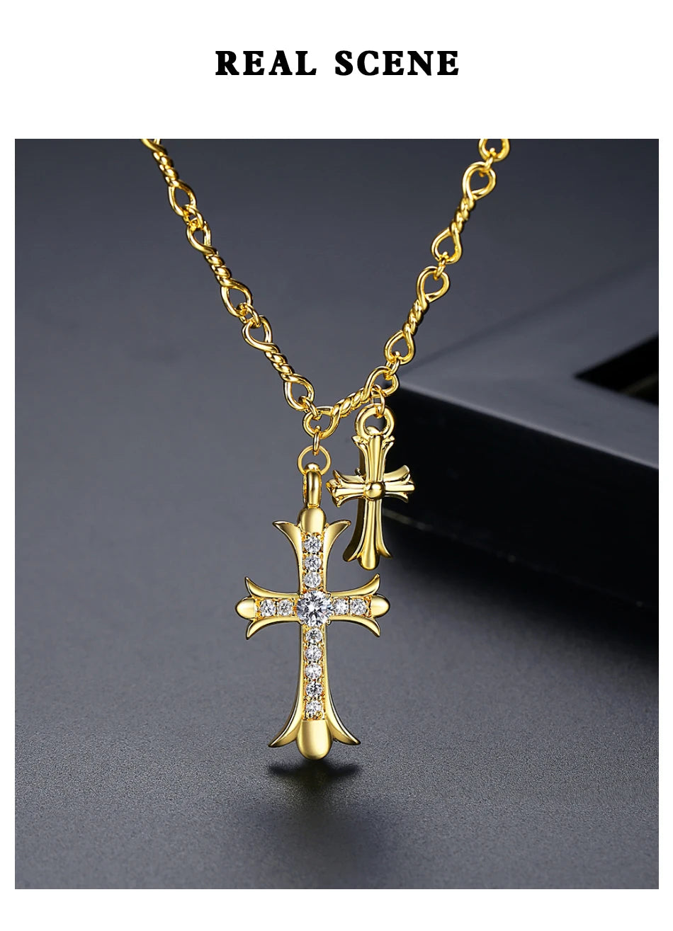 Gold Cross Necklace with CZ Pendant - Fashion Punk Gift