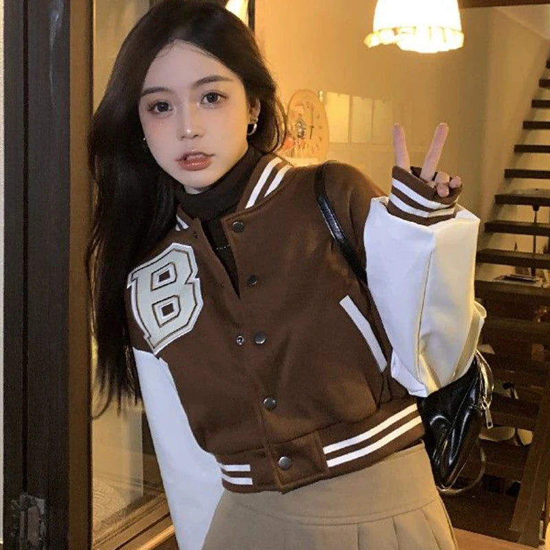 Brown Warm Patchwork Baseball Jacket - Autumn Preppy Crop Top Jackets