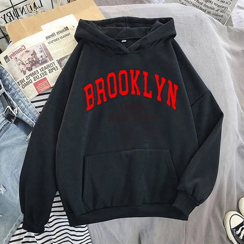 Unisex New York & Brooklyn Letter Print Hoodie - Oversized Hoodies