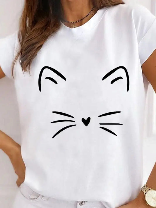 Short Sleeve Women's Graphic Cat Face Tee - Summer Fashion