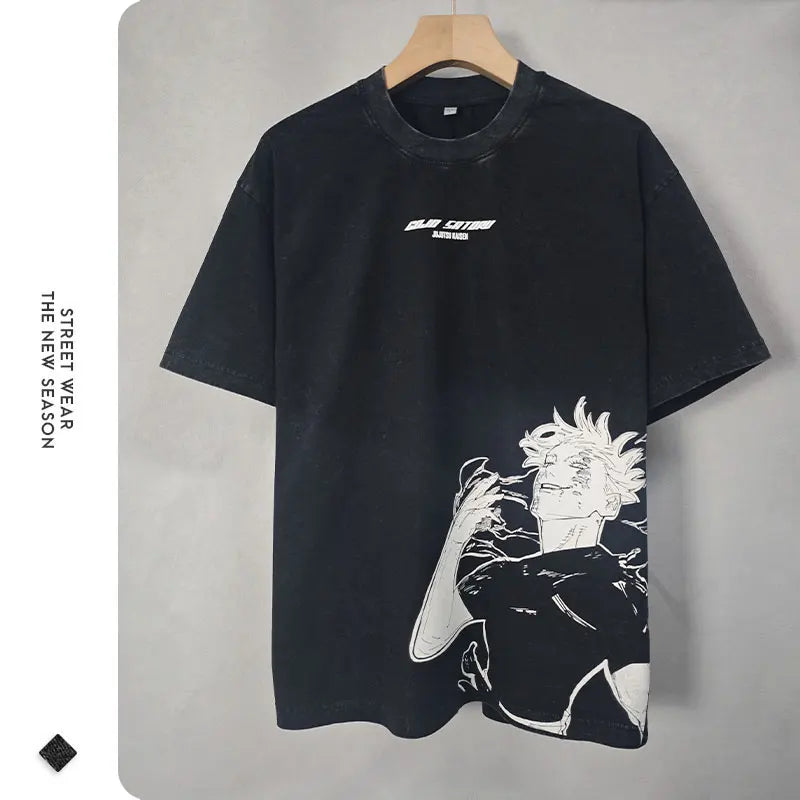 Vintage Washed Anime Jujutsu T-Shirt Men Retro Streetwear Manga Tops