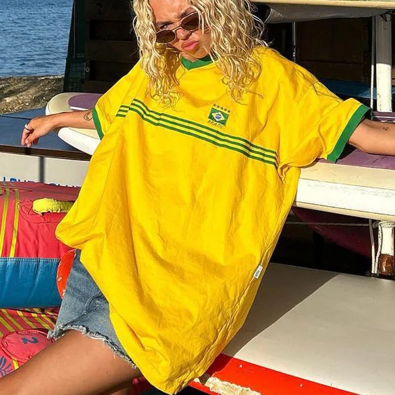 Summer Women's Brazil Embroidery Yellow Oversized T-shirt Beach Casual Tops