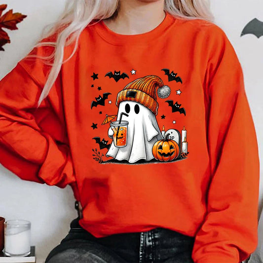 New Women's Halloween Sweatshirt: Ghost Pumpkin Bat Print Pullover