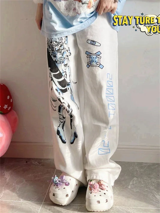 QWEEK Y2K Anime Print White Wide-Leg Harajuku Kawaii Sweatpants