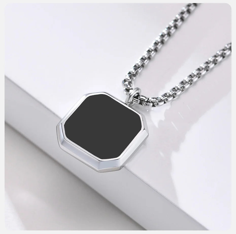 Men's Black Square Stainless Steel Geometric Pendant Necklace