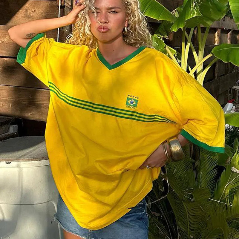 Summer Women's Brazil Embroidery Yellow Oversized T-shirt Beach Casual Tops