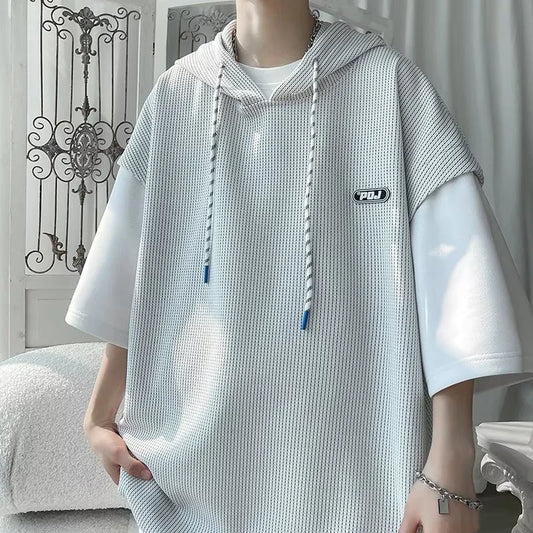 Summer Waffle Hooded Short Sleeve T-shirt - Y2K Korean Streetwear