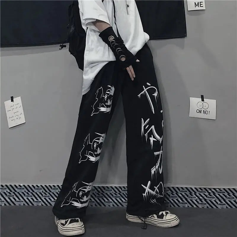 Black Japanese Print Anime Y2K Baggy Sweatpants - Wide-Leg Streetwear