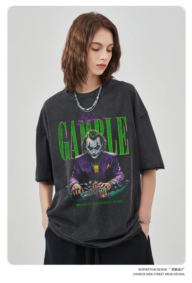 Joker Vintage Washed Hip Hop Oversized T-Shirt, 100% Cotton, Men’s