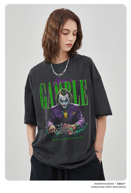 Joker Vintage Washed Hip Hop Oversized T-Shirt, 100% Cotton, Men’s