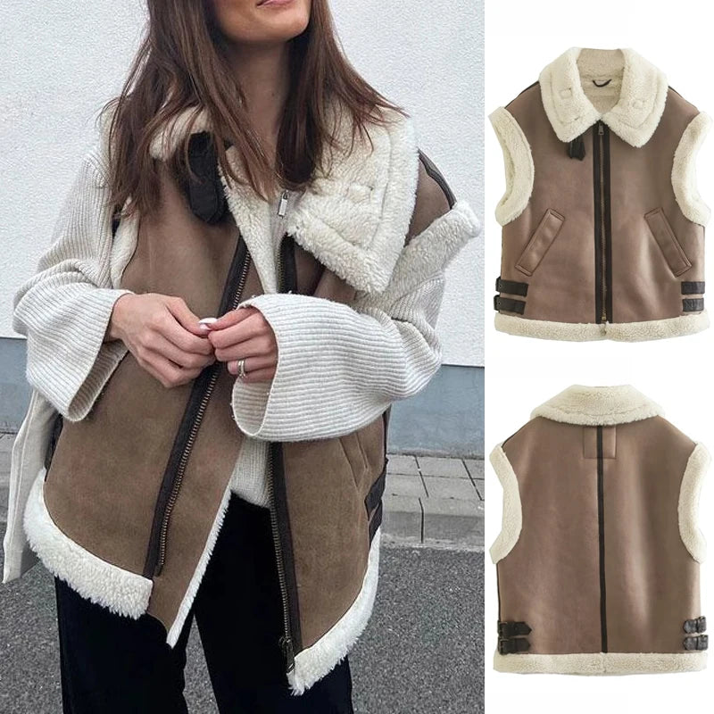 Chic Patchwork Sleeveless Suede Fur Jacket - Autumn/Winter Women's Fashion