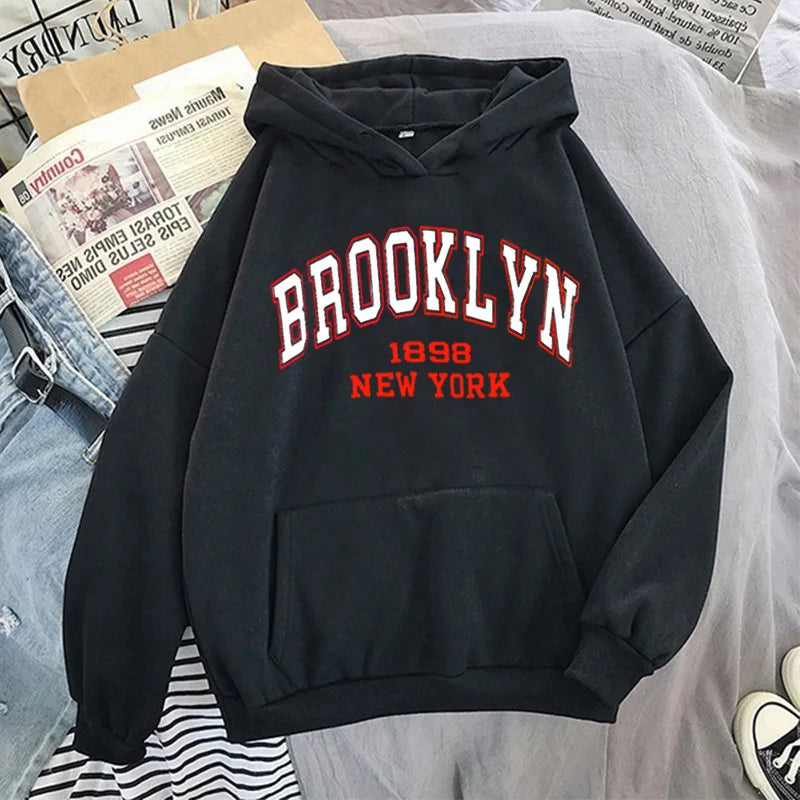 Unisex New York & Brooklyn Letter Print Hoodie - Oversized Hoodies