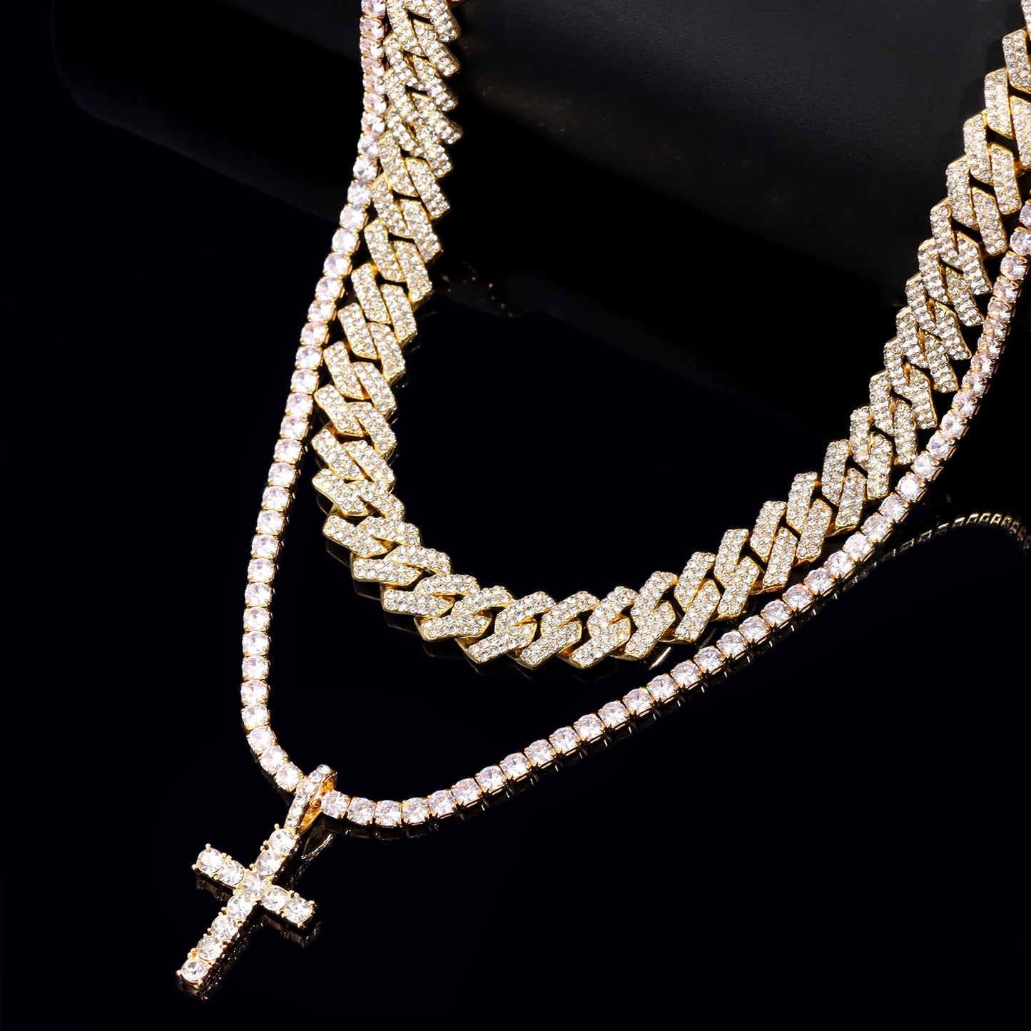 Iced Out Hip Hop 2pcs Cross & Tennis Cuban Chain Set