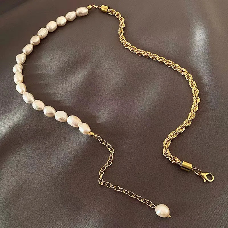 Elegant Freshwater Pearl Beaded Stainless Steel Chain Choker Necklace