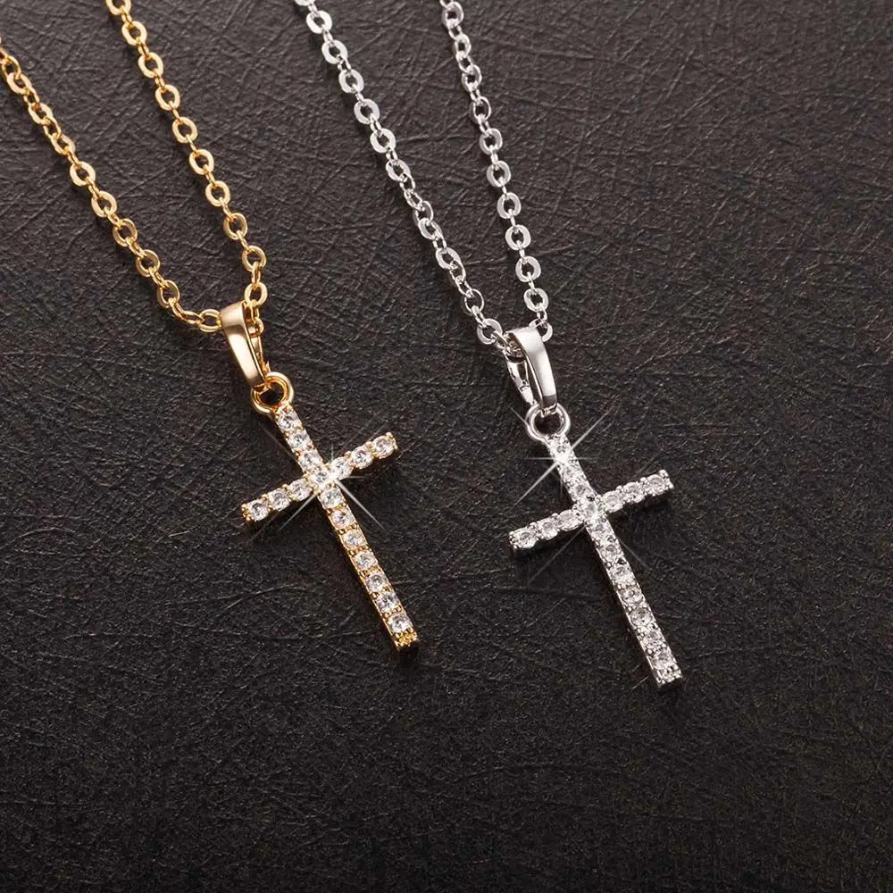 New Fashion Crystal Cross Pendant Necklace Gold Silver Jesus Jewelry