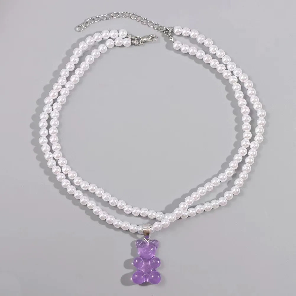 Clear Candy Bear Pendant Necklace with Beads and Imitation Pearls