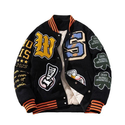 Brown embroidery varsity jacket with baseball lettering and stand collar.