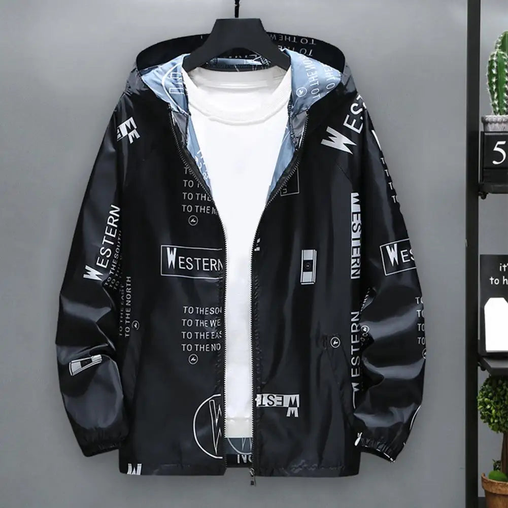 Men's Hooded Windproof Anti-UV Breathable Daily Jacket with Letter Print