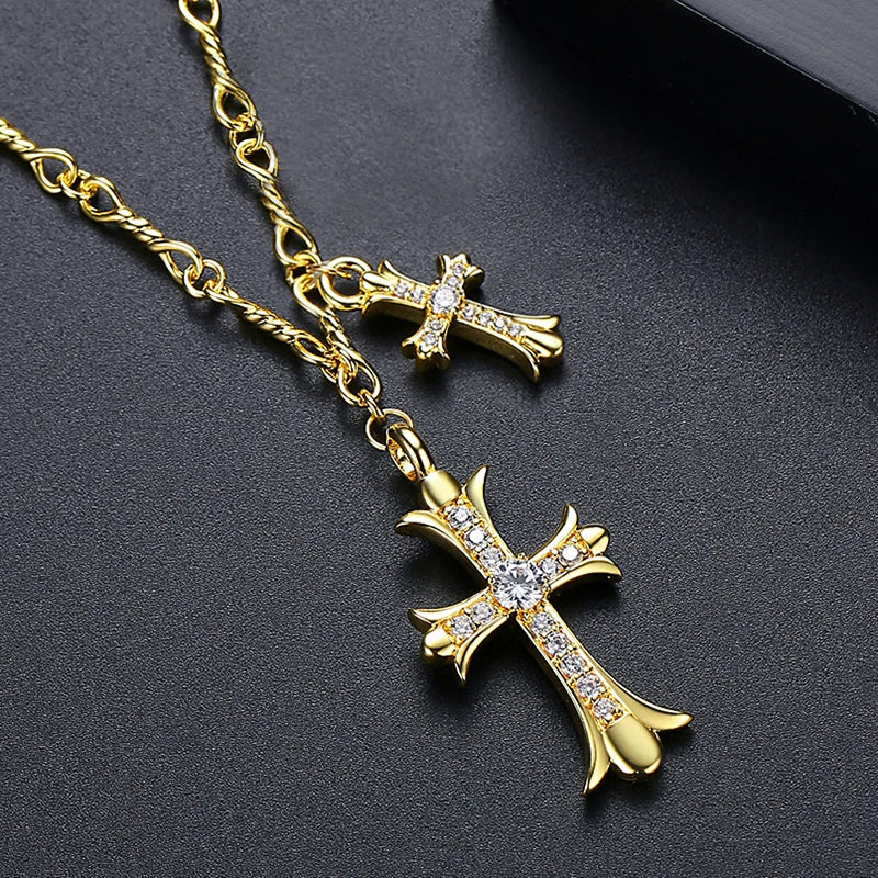 Gold Cross Necklace with CZ Pendant - Fashion Punk Gift