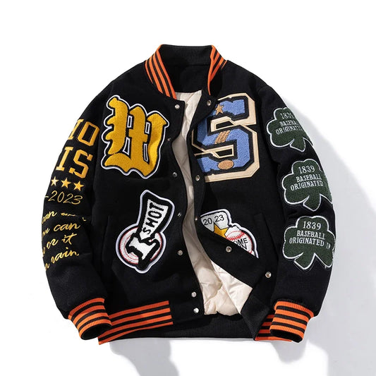 Brown embroidery varsity jacket with baseball lettering and stand collar.