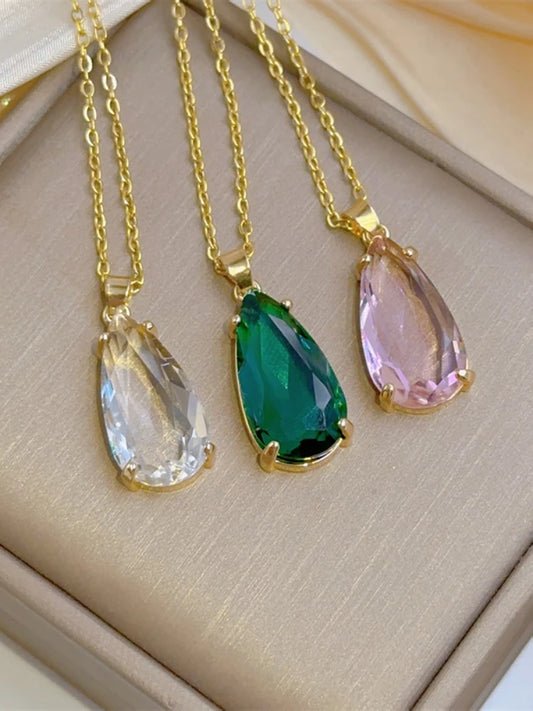 Exquisite Crystal Water Drop Necklace: Retro Design, Stainless Steel Clavicle Chain