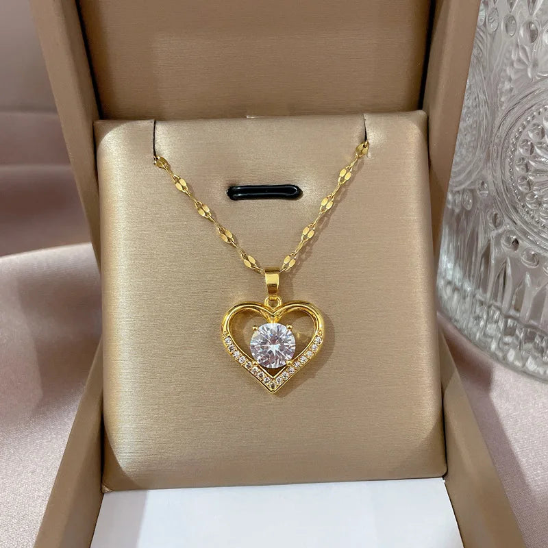 Gold Stainless Steel Heart Pendant Necklace with Artificial Gems