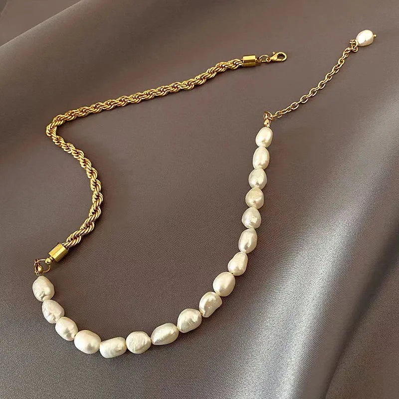 Elegant Freshwater Pearl Beaded Stainless Steel Chain Choker Necklace