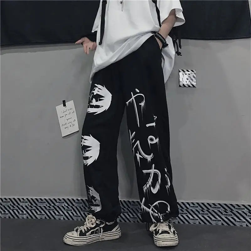 Black Japanese Print Anime Y2K Baggy Sweatpants - Wide-Leg Streetwear