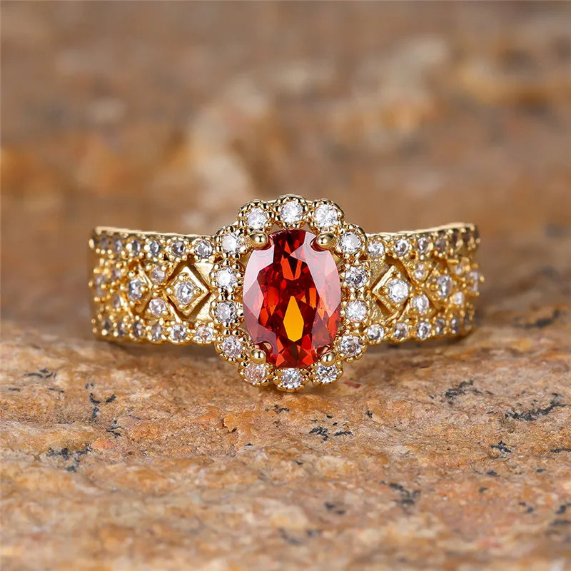 Red Oval Crystal Ring - White Zircon, Gold Ring