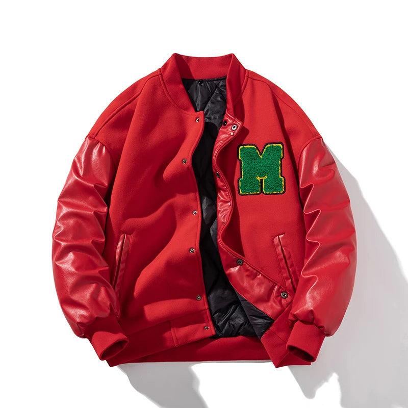 Stylish Red Letter Fashion Varsity Jacket with leather sleeves.