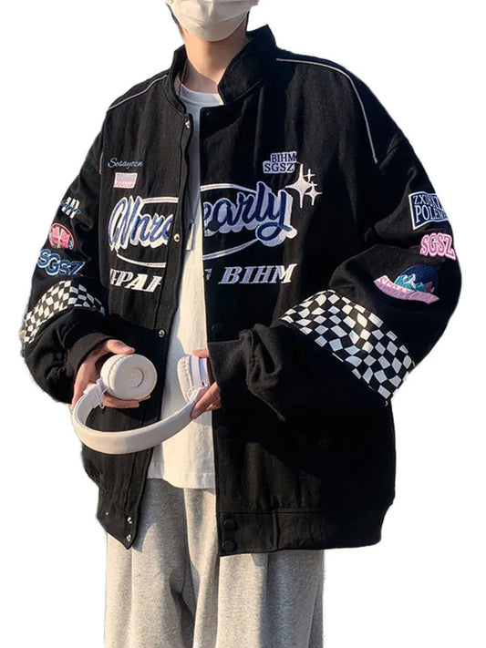 "Y2K HipHop Embroidery Plaid Bomber: Vintage Motorcycle Streetwear Jacket"