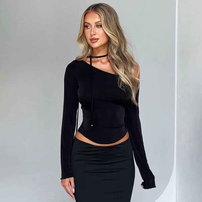 Women's Y2K Off Shoulder Slim Crop Top: Vintage Streetwear for Women