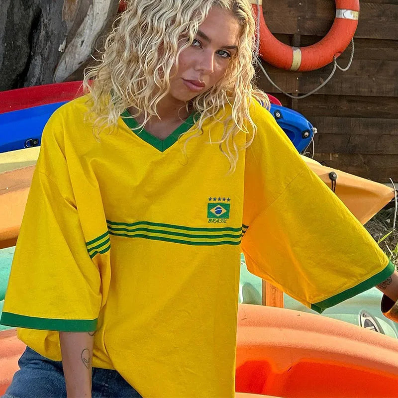 Summer Women's Brazil Embroidery Yellow Oversized T-shirt Beach Casual Tops