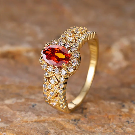 Red Oval Crystal Ring - White Zircon, Gold Ring