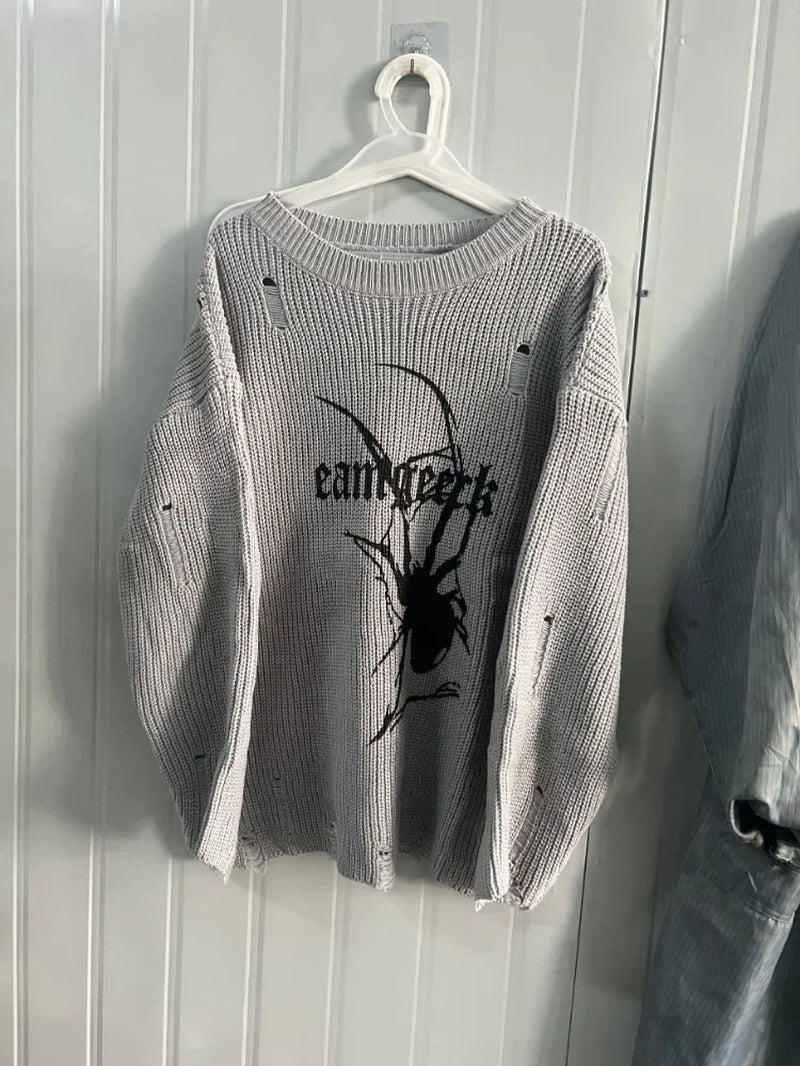 Women's Gothic Spider Sweater: Y2K Ripped Grunge Oversize Pullover