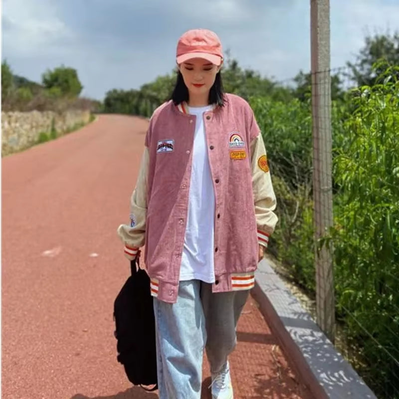 Trendy Women’s Baseball Jacket – Spring Autumn Harajuku Corduroy Style